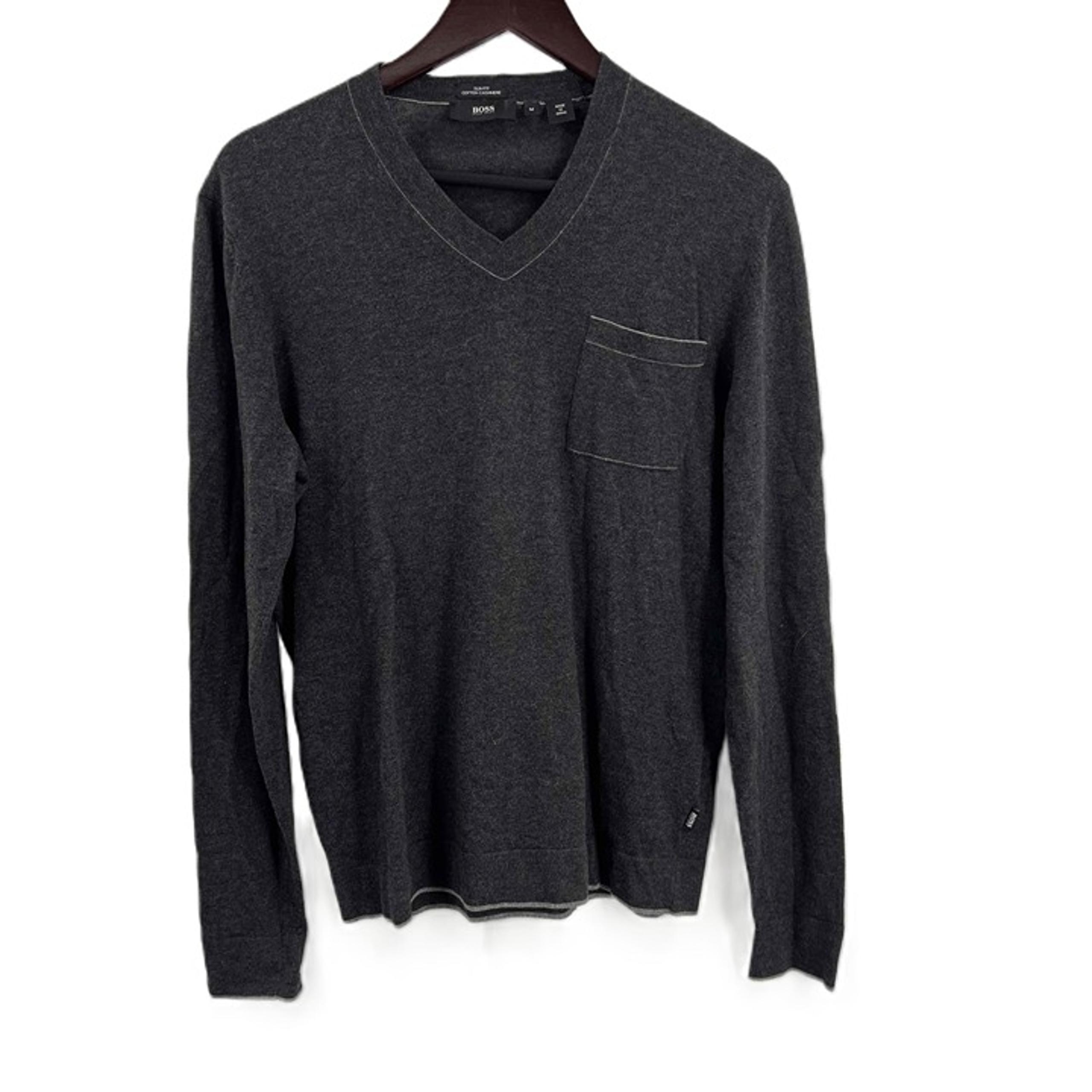 Hugo Boss Sweater Cotton Cashmere Dark Gray Slim Fit V Neck Mens Medium