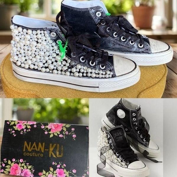 NEW NAN KU Free People Pearl Crush Hi-Top Sneakers Black White Pearls Size 41