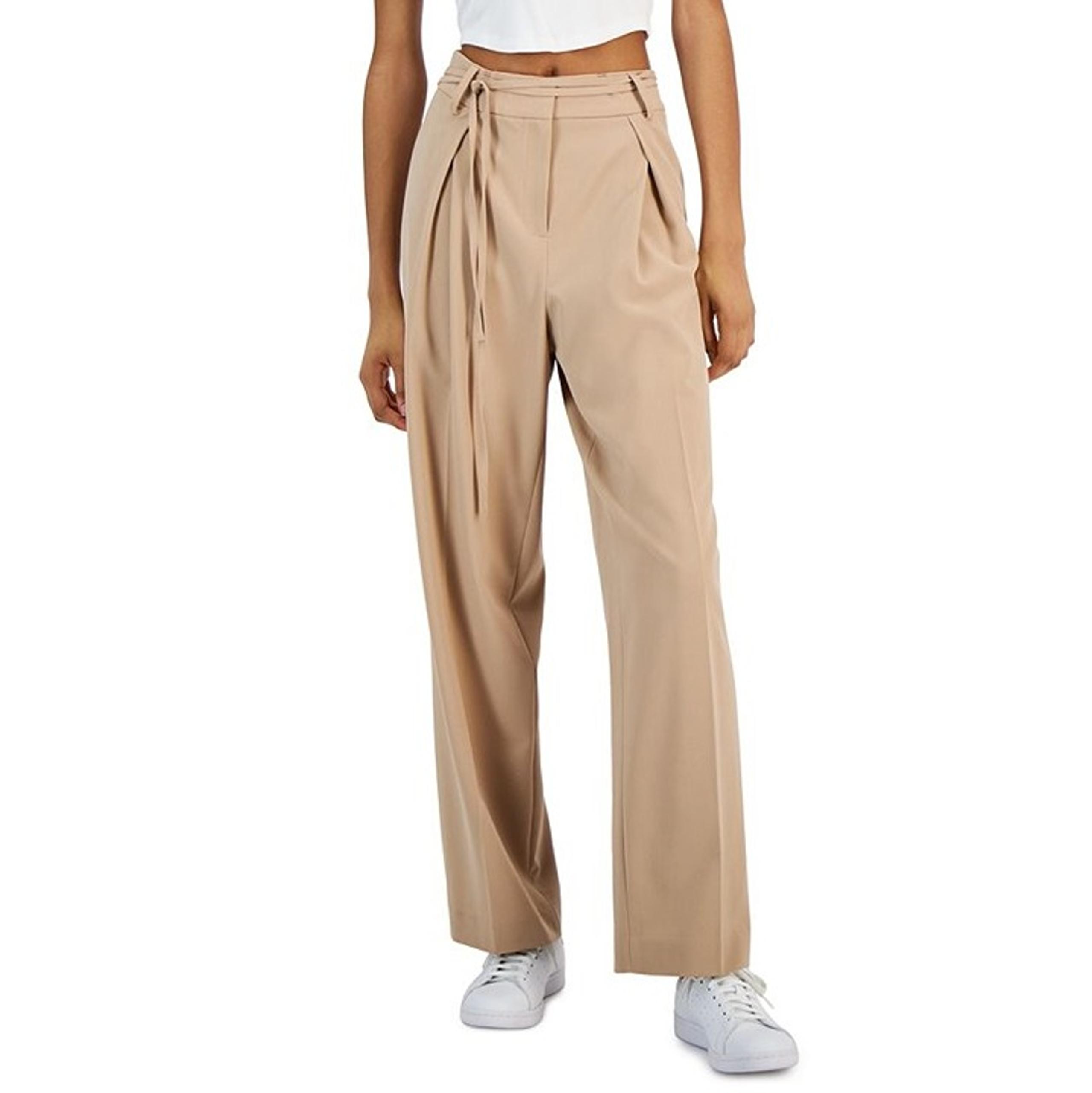 BAR III Women's Pleated High-Rise Wide-Leg Pants, Size 6 Beige Trousers Belted M