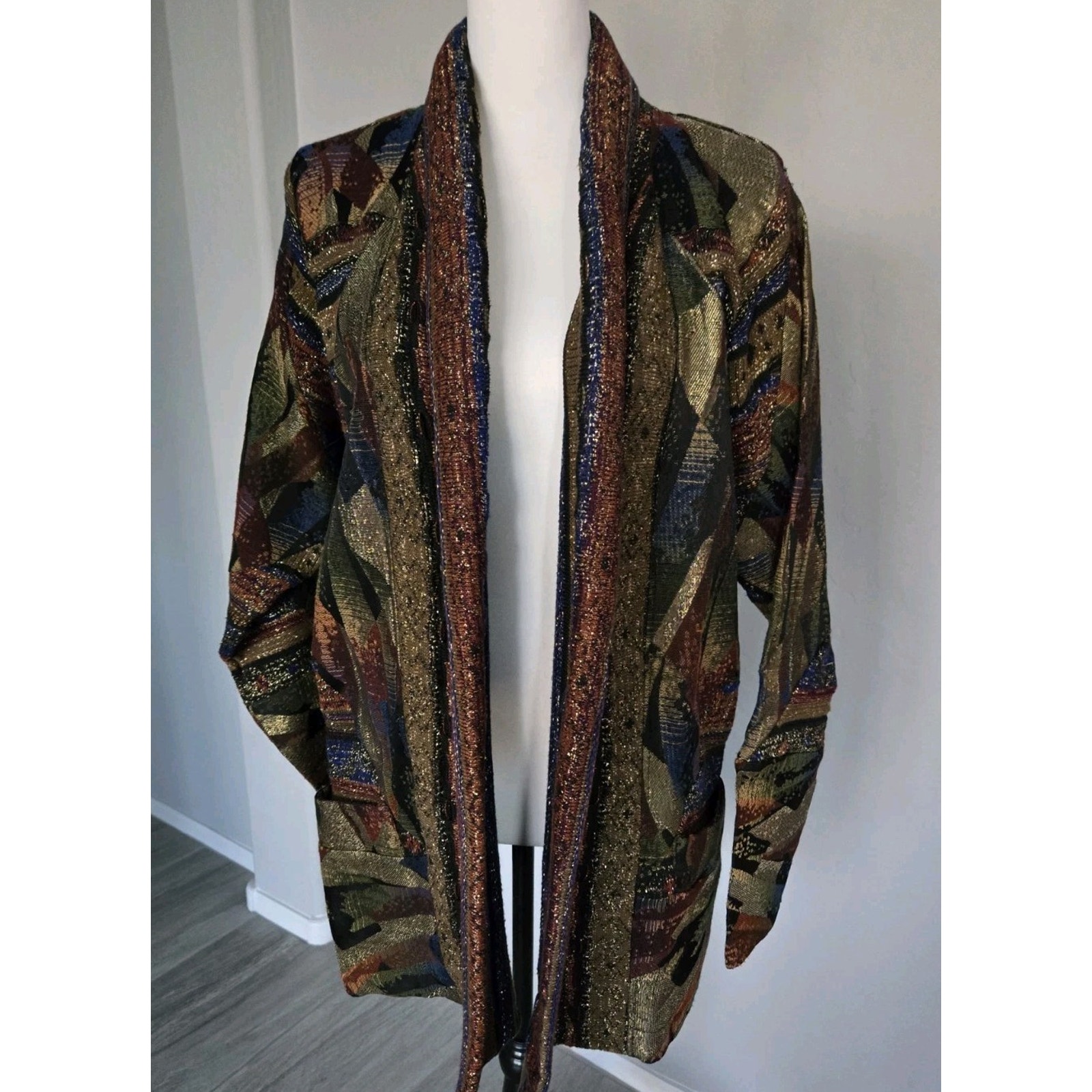 Vintage 80s Leonaik Bohemian Earthtone Colorful Metallic Knit Open Cardigan Sz L