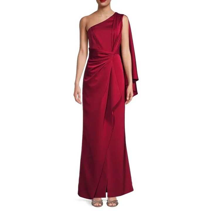 Aidan Mattox Satin Draped One Shoulder Gown Womens Size 2 Red Asymmetric Neck