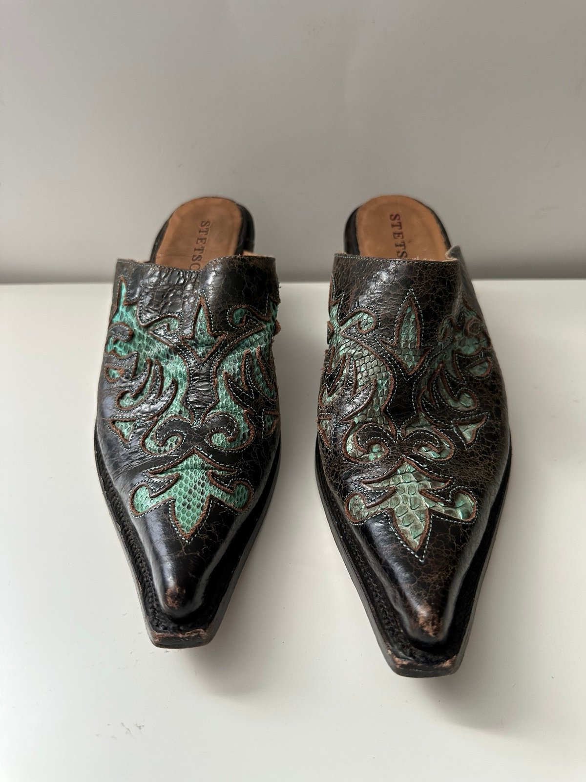 Stetson Brown and Green Western Mules Shoes Women’s 8.5 B