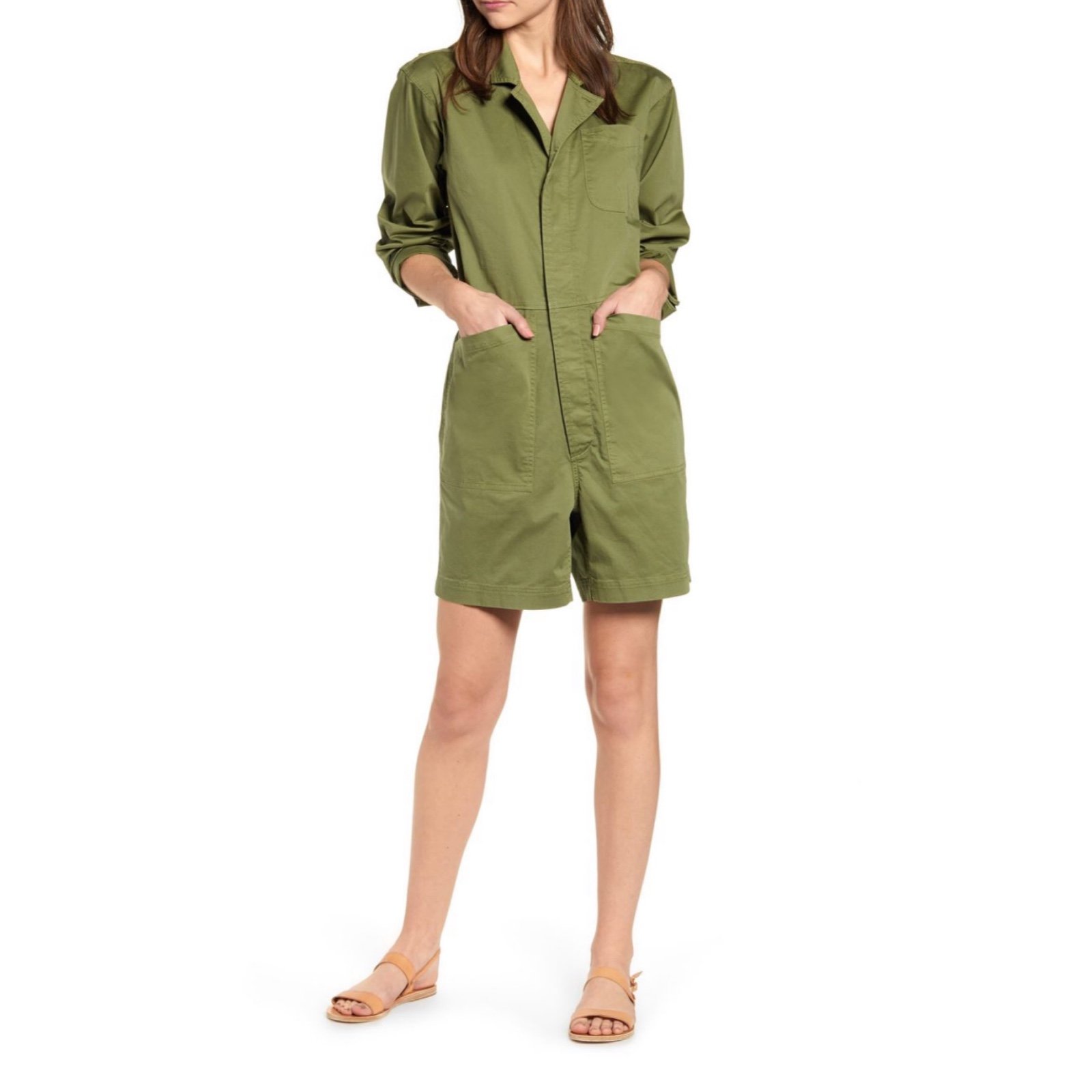 ALEX MILL Utility 5-Pocket Stretch Cotton Shorts Romper Jumpsuit Sz XS Green.