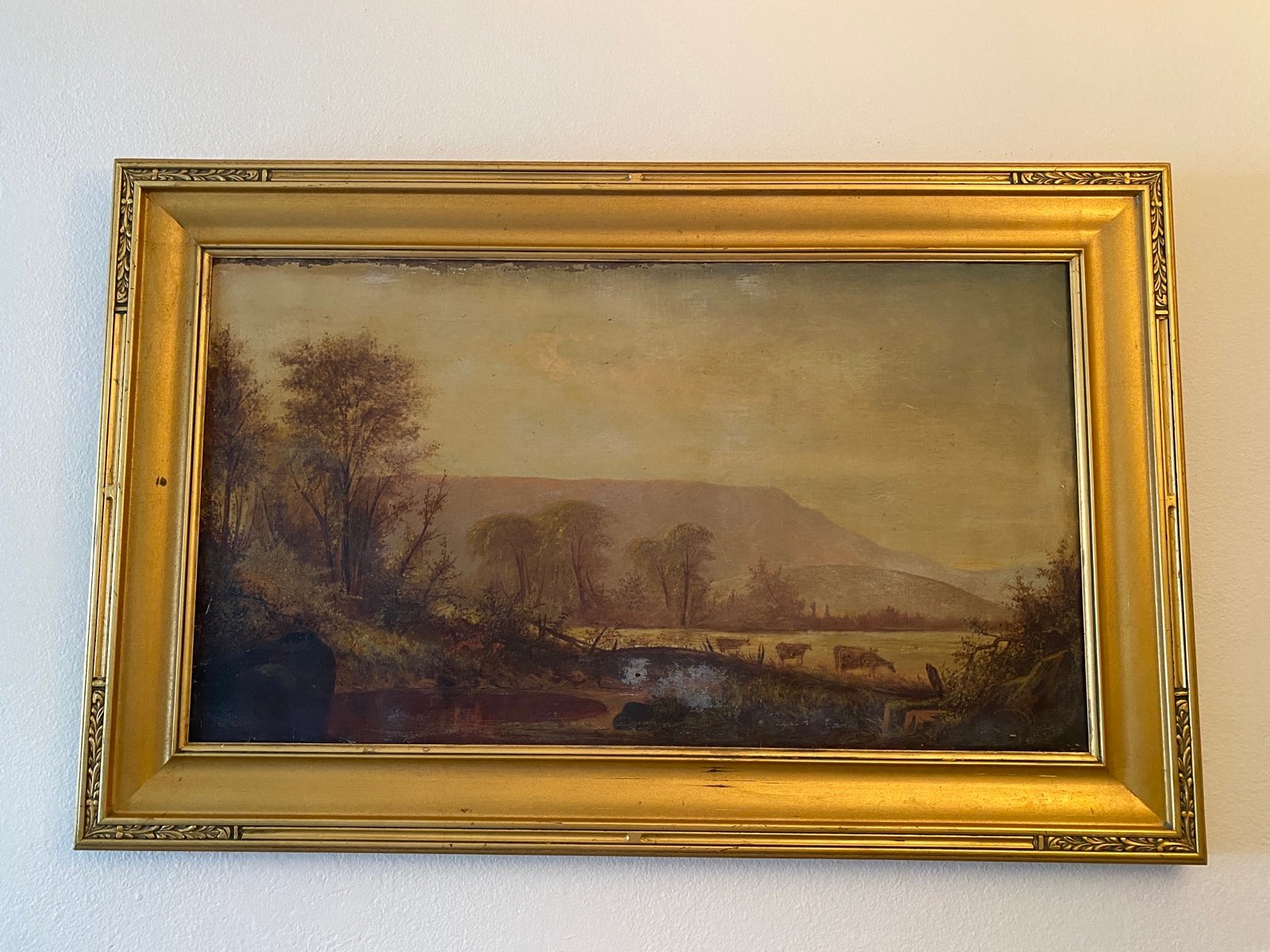 Antique Autumn-Themed Painting by James McDougal Hart in a Gold-Colored Frame