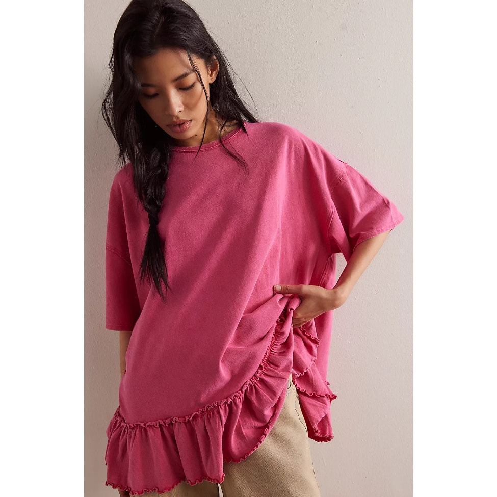 Free People WHY YES Tee Oversized Ruffle Hem Top in Beet Root Pink S NWOT 68