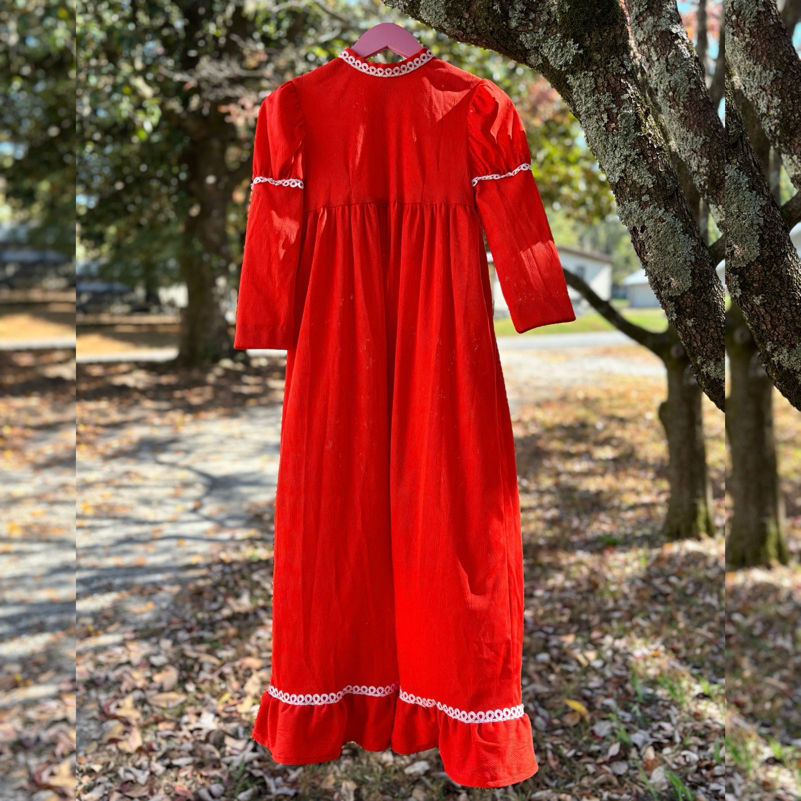Vintage 70s Girls Bishop Sleeve Cherry Maxi Dress