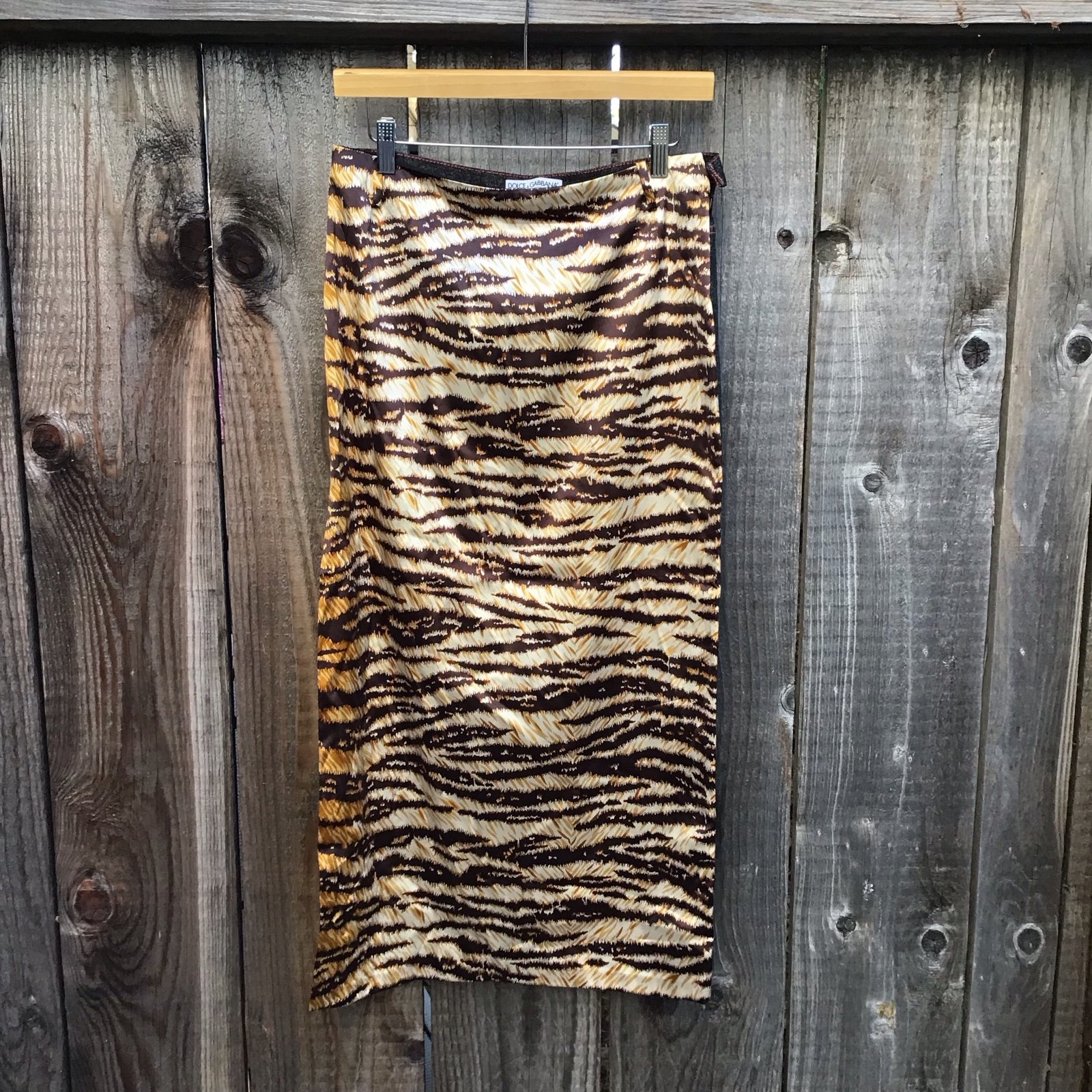 Dolce & Gabbana D&G tiger denim print long silk blend designer skirt womens 40
