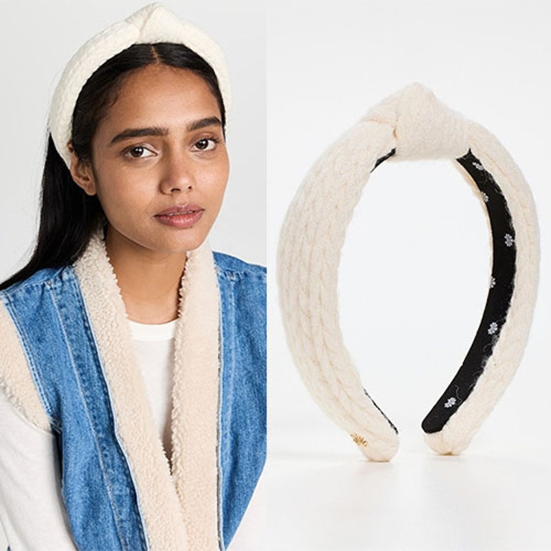 NEW Lele Sadoughi Cable Knit Slim Gold Logo Charm Knotted Headband Ivory Sz: O/S