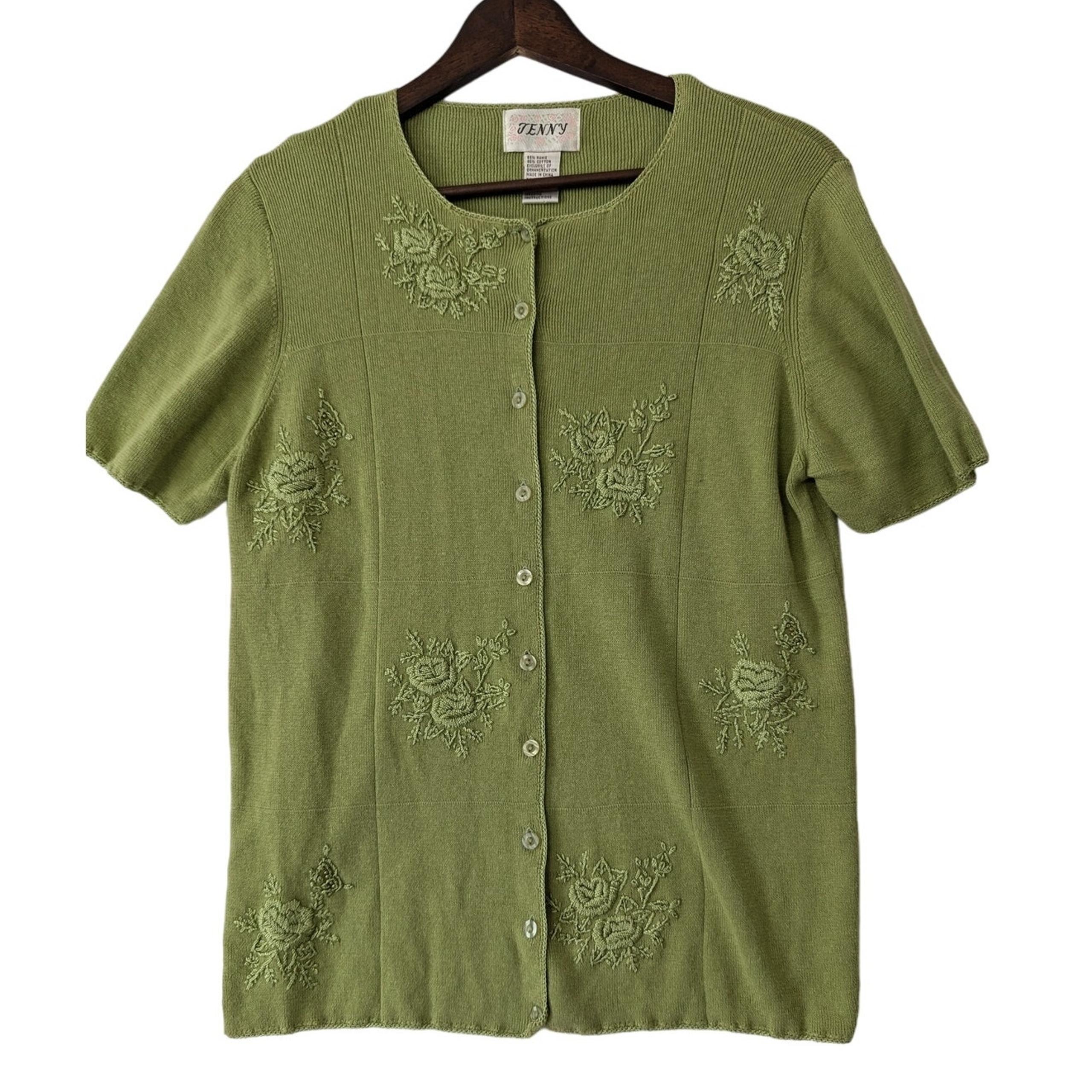 Vintage Jenny Floral Embroidered Cardigan Sweater Chartreuse Green Medium Ramie