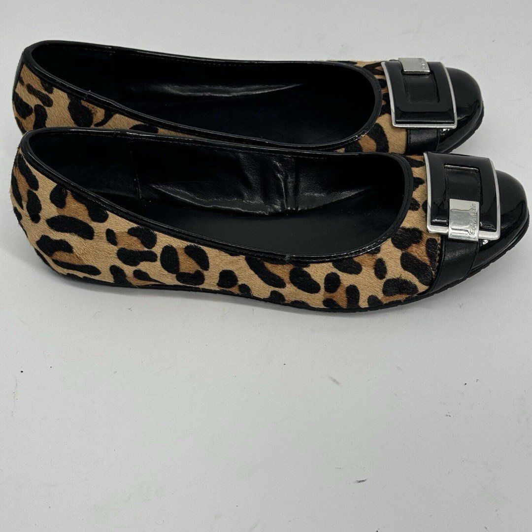 Women Clavin Klein Camel Hair Leopard Print Casual Ballet Flats E2314 Sz 9.5