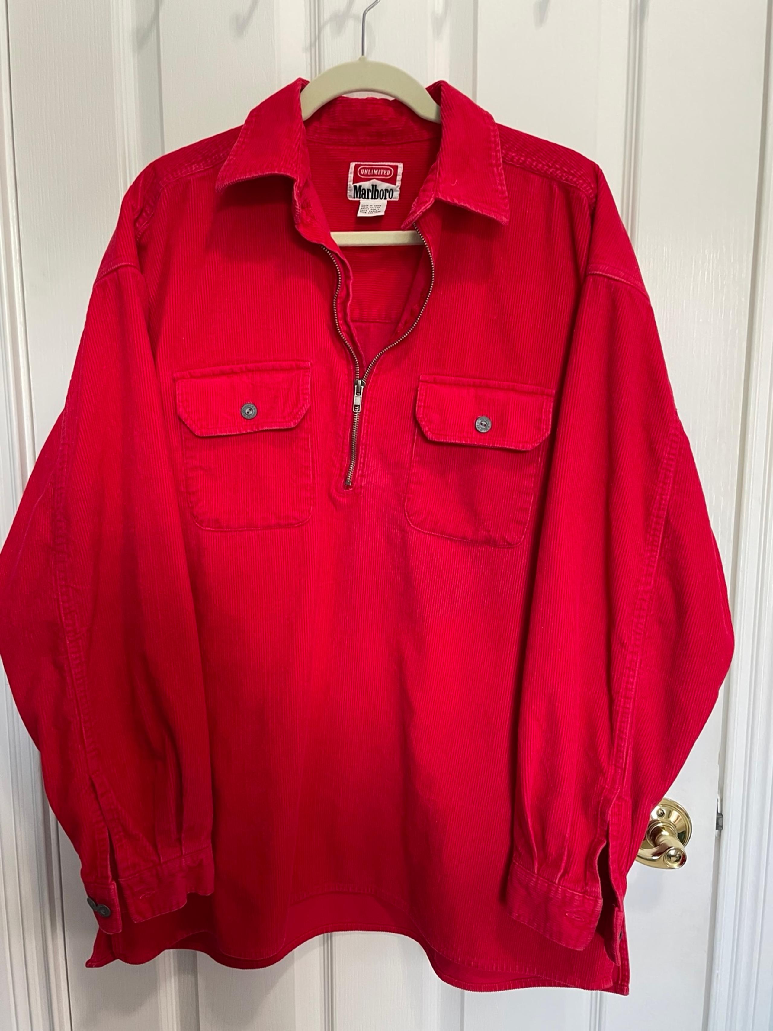 Vintage Marlboro Unlimited Mens Red Corduroy 1/4 Zip Over Shirt Adult L 1990's