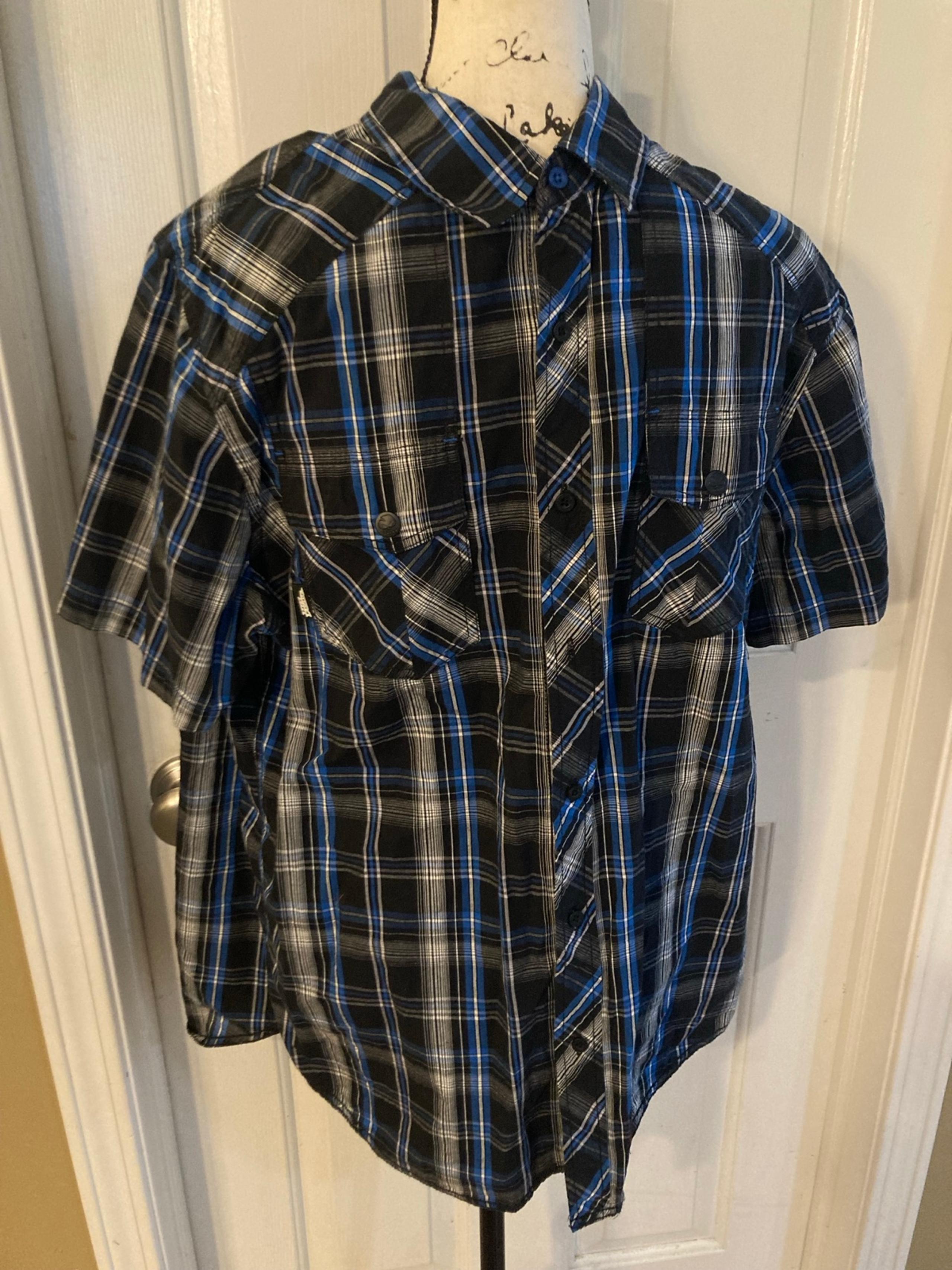 No Fear men’s button down short sleeve shirt black blue size XL mens