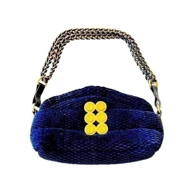Kooreloo Rich Blue Velour Mini Bag Black Leather Trim Chain Strap Luxury Purse