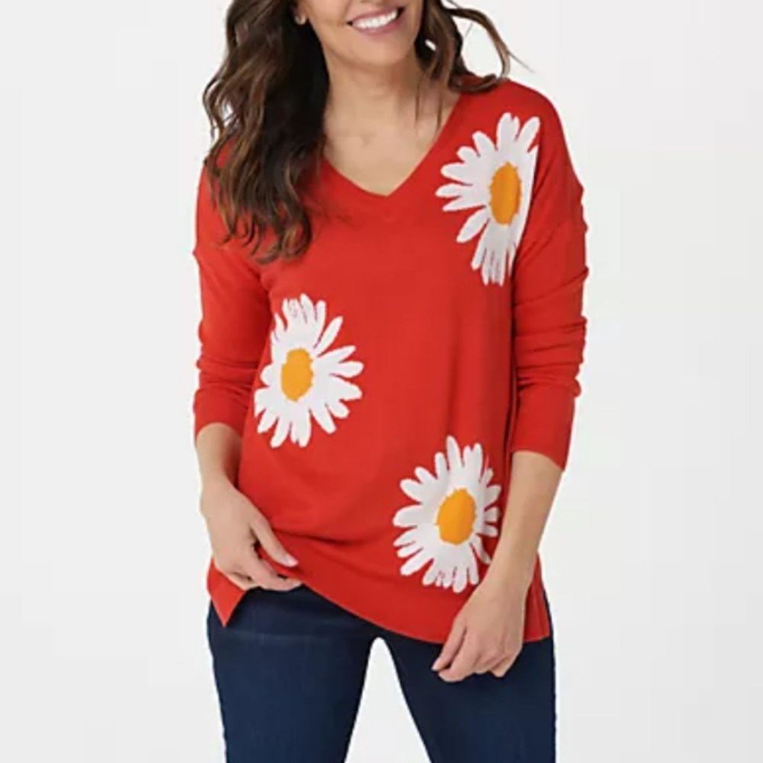 Laurie Felt Cashmere Blend Orange Red Daily Print V-Neck Sweater Size S
