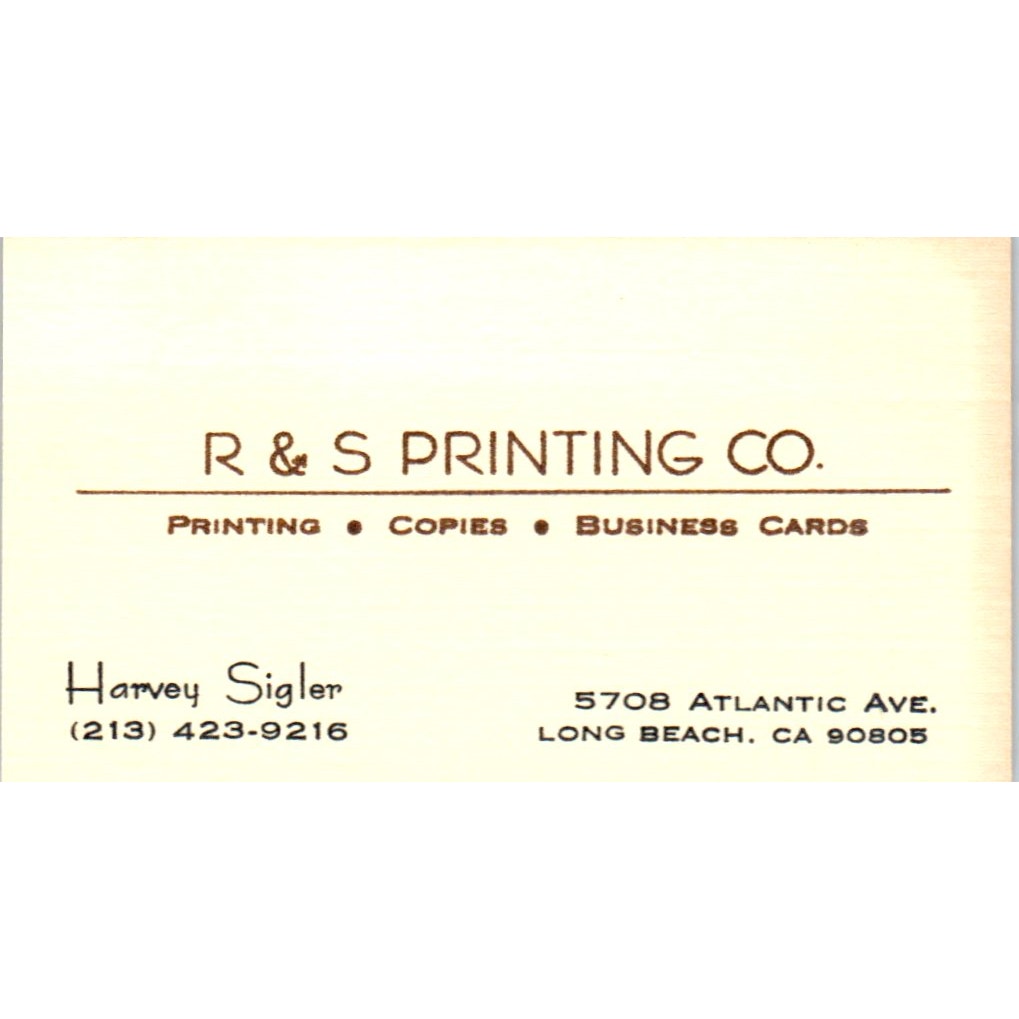 R&S Printing Co Harvey Sigler Long Beach CA Vintage Business Card SD4-B3
