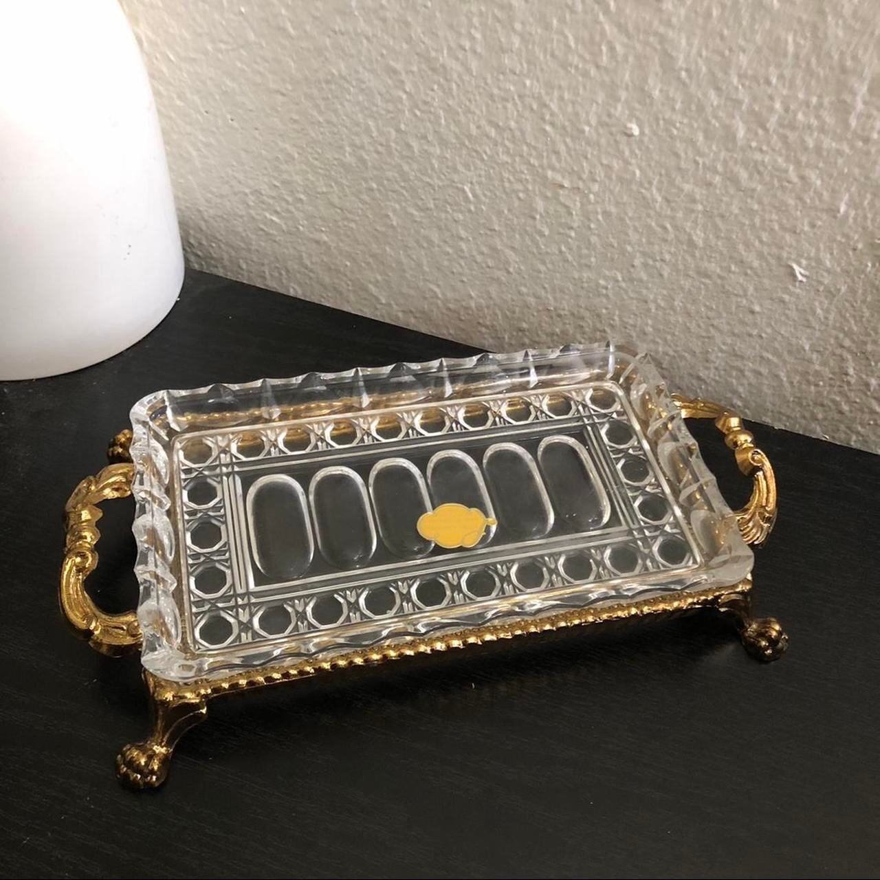 VTG 1980s GENUINE LEAD CRYSTAL GLASS SERVING TRAY FOOTED BRASS HOLDER 7500 RARE