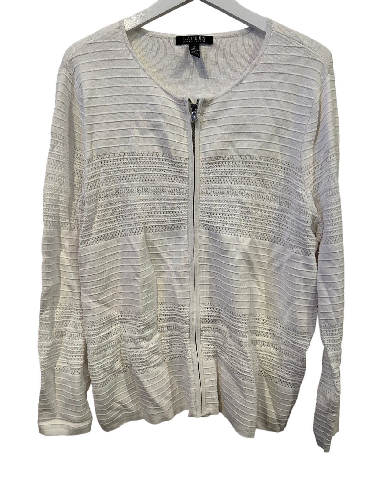 Lauren Ralph Lauren White Zipper Cardigan Women plus 1X White Open Knit Stretch