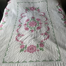 90” x 62” cross stitched quilt in pink and green