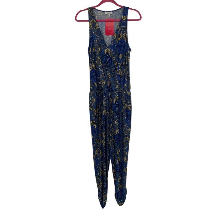Allison Joy Size Small Sayer Surplice Jumpsuit Blue Multi Print Pocket Cinch NWT