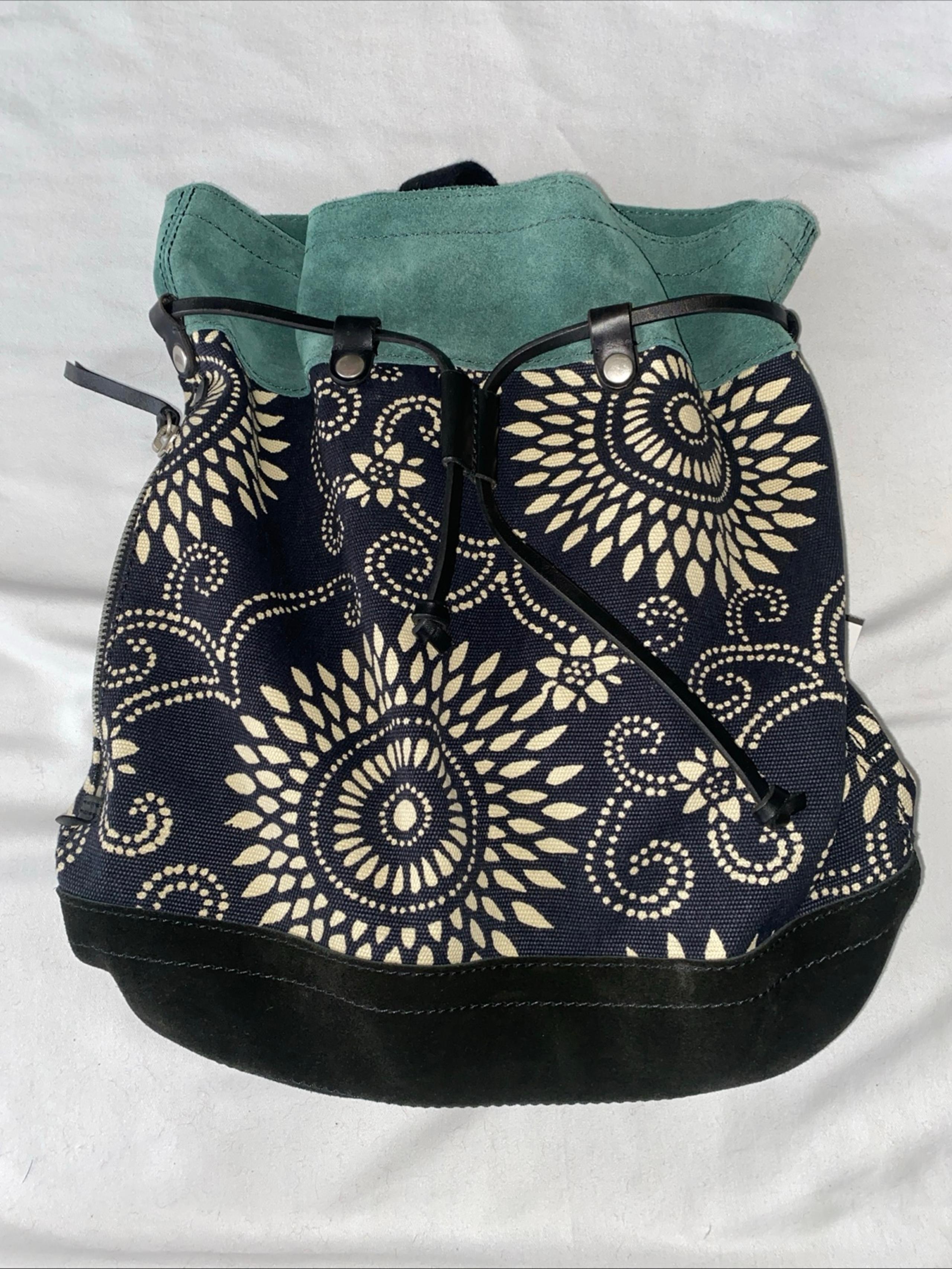 Vintage Lucky Brand Boho Large Green Suede Canvas Backpack Floral New