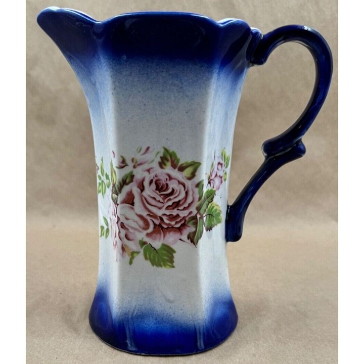 Vintage Flow Blue Floral Rose Hand Painted Pitcher 7.25