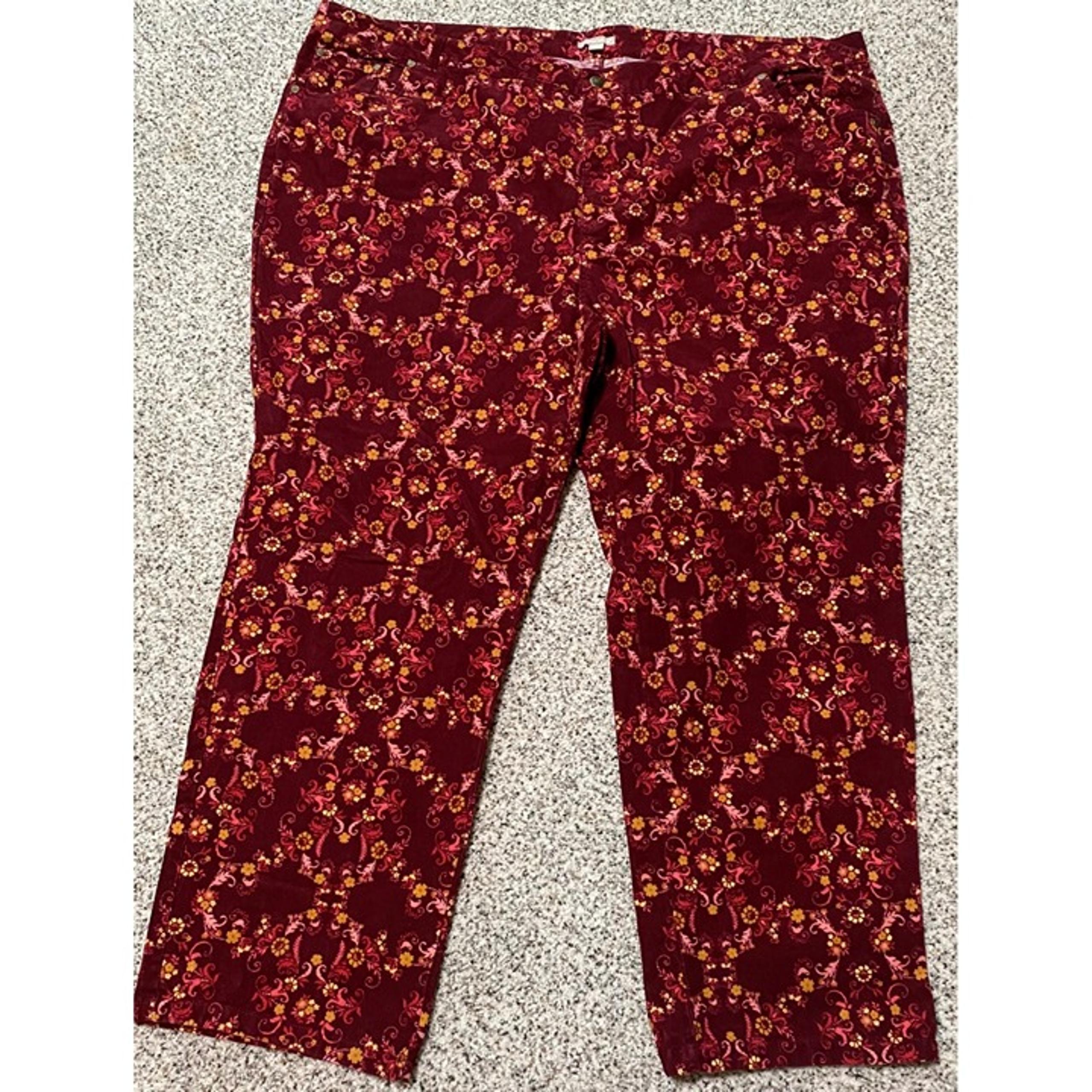 WOMAN WITHIN Corduroy Floral Red Floral Pants Plus Size 30W Stretch