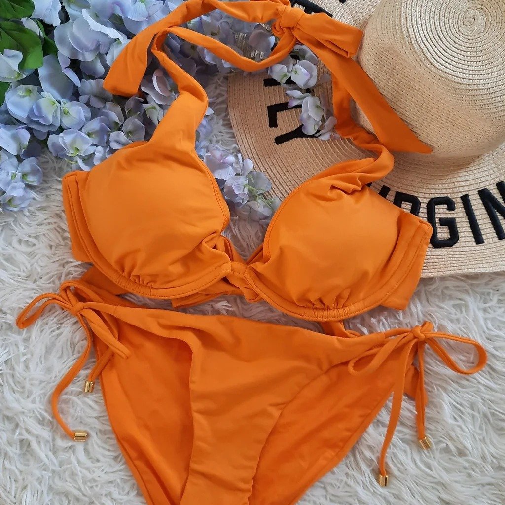NEW 34C-S VS Mango Halter Swim Top + Side Tie Bottoms