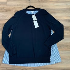 Nordstrom Round Neck Sweater with Stripe Woven Underlayer
