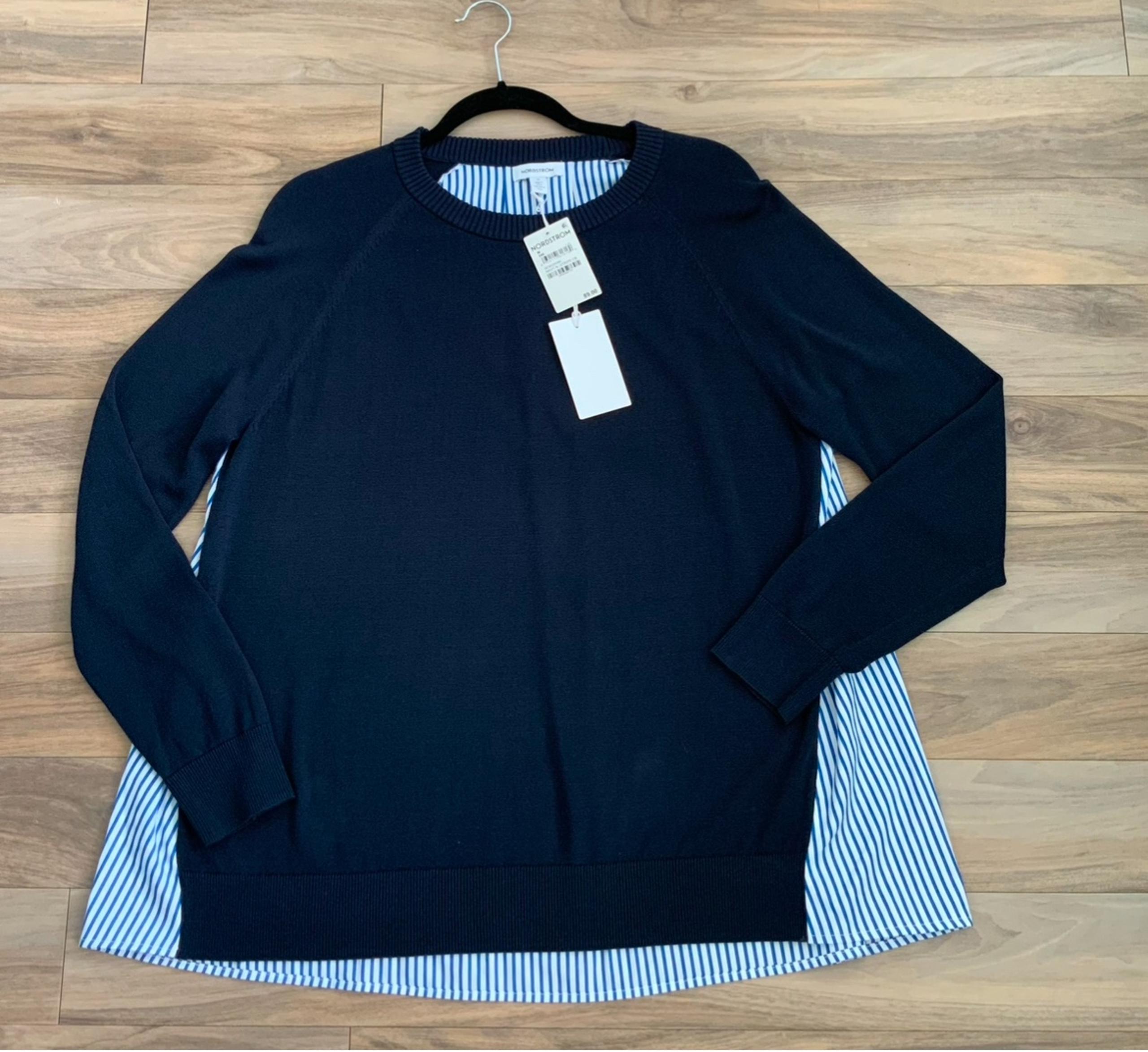 Nordstrom Round Neck Sweater with  Stripe Woven Underlayer
