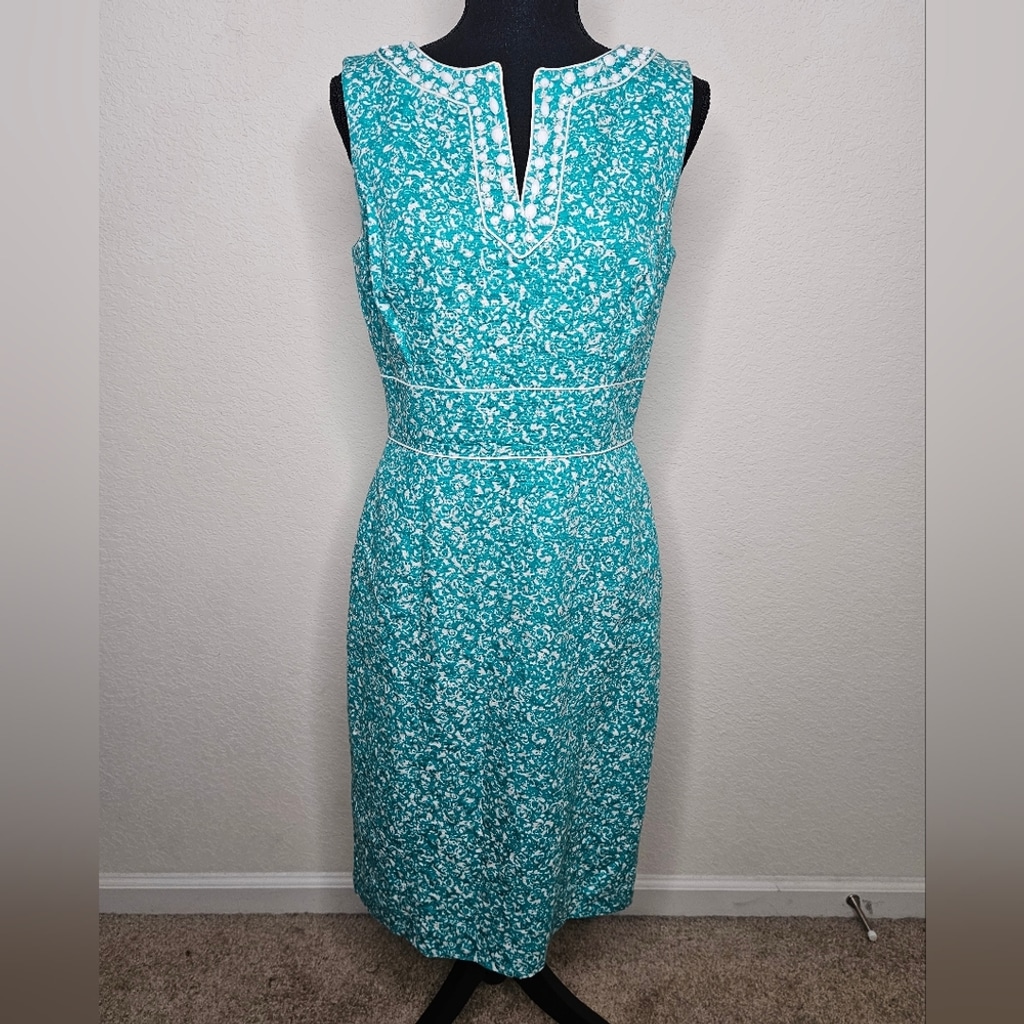 Tahari Embellished Beaded V-neck Teal Turquoise White Abstract Print Tank Dress
