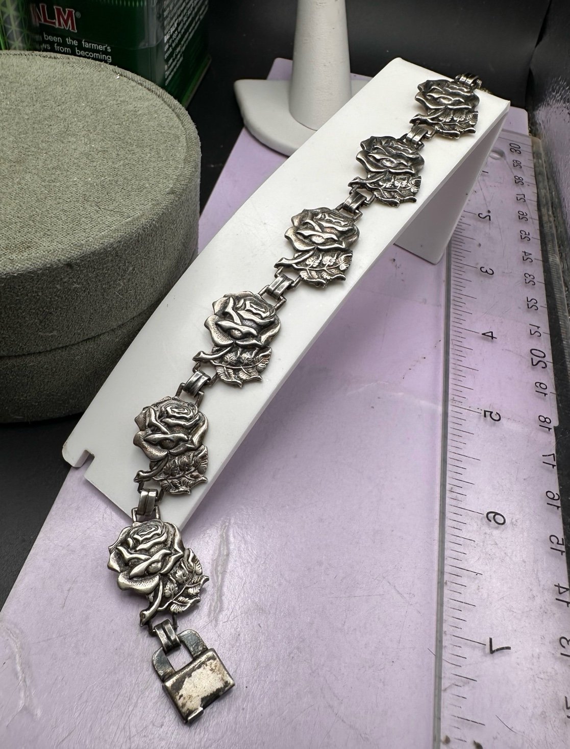 Antique Sterling 40’s Rose panel Pat marked Bracelet