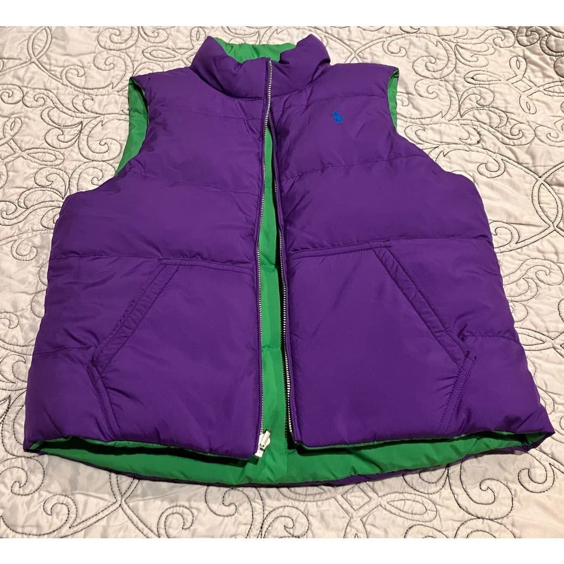 Polo Ralph Lauren Large 12-14 Girls Down Vest Reversible Green Purple Zip Up