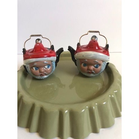 Vintage Kitsch Redware Ceramic Christmas Santa Head Teapot Salt Pepper Shakers