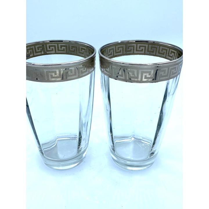 Silver Rim Greek Fret Key Highball Glasses/Set 2/ 16 0z