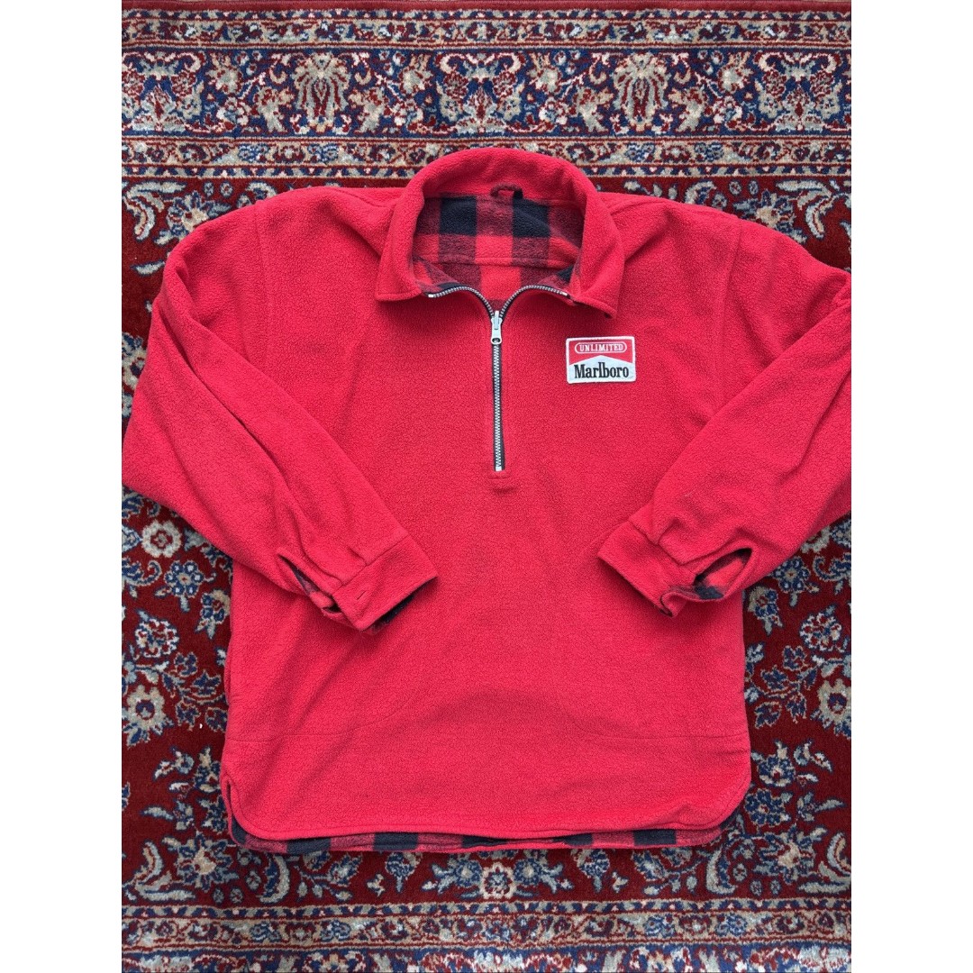 Vintage Marlboro Jacket Buffalo Check Reversible Mens Medium Zip Fleece 80s