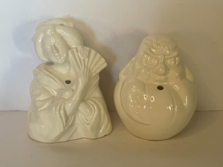 2 Vintage Orchids of Hawaii Ceramic Geisha Woman R22 And Buddha Man