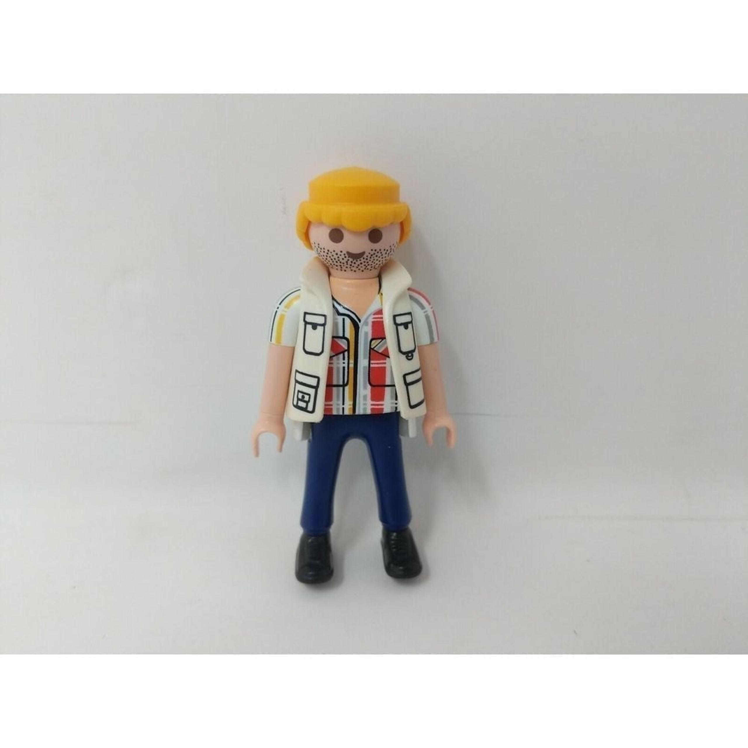 1992 Geobra Playmobil Male Figure Blonde Beard White Vest Plaid shirt VTG