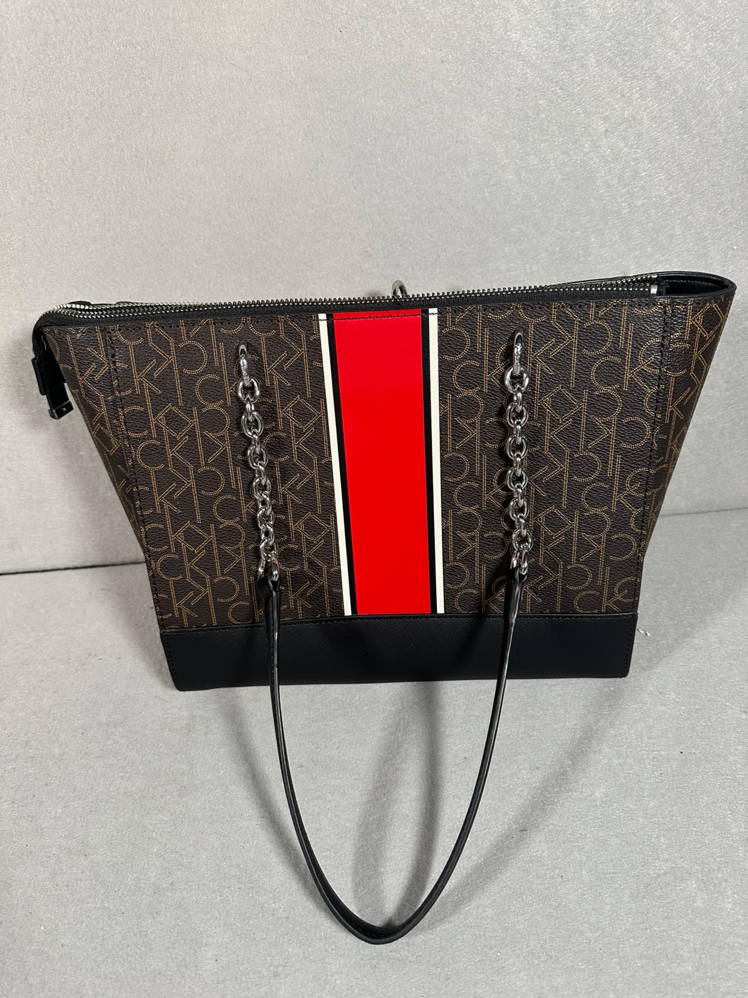 Calvin Klein Women’s Signature Brown Large zip tote Handbag Purse Red