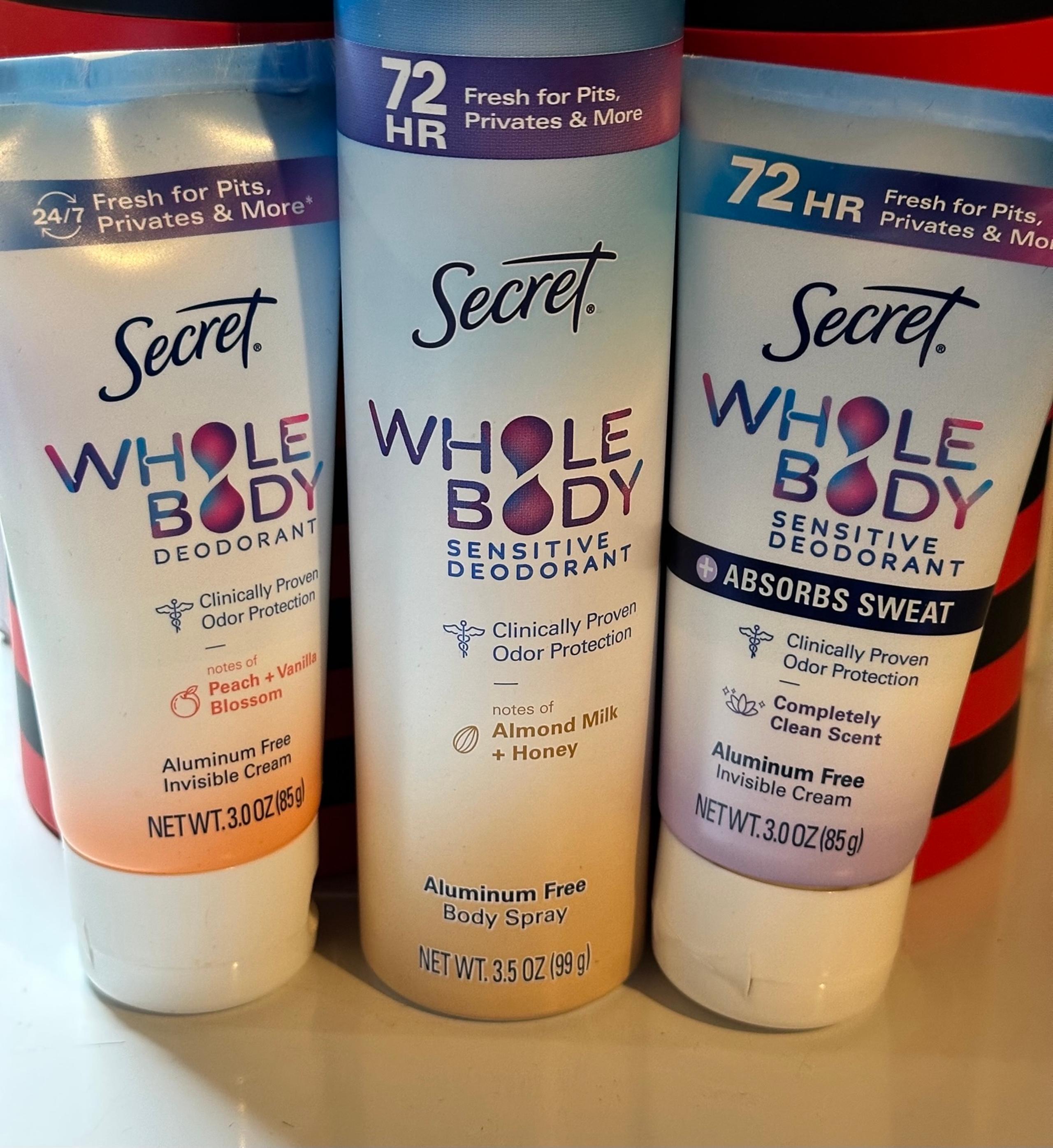 2-Secret Whole Body Invisible Cream 3oz. 1-Secret Whole Body Spray 3.5oz+Samples
