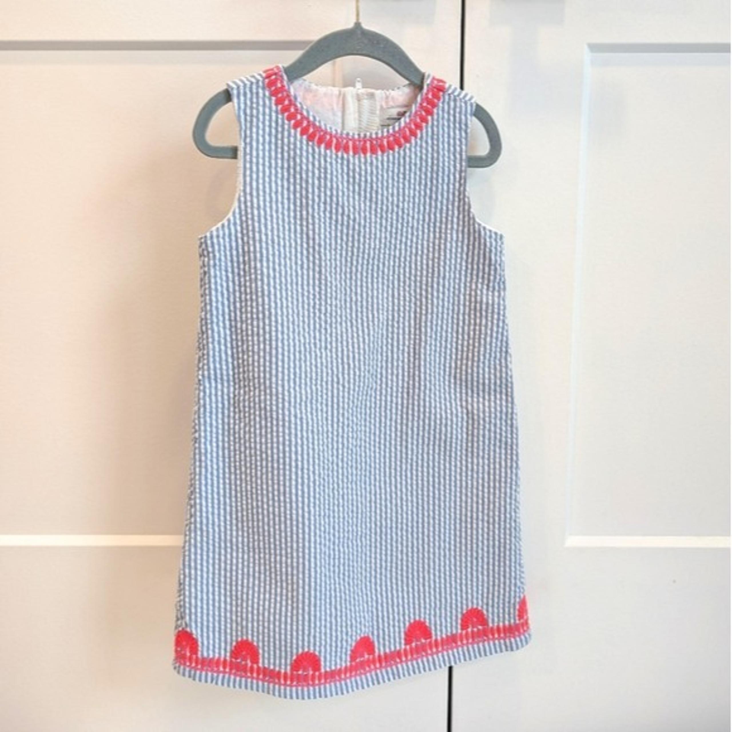 VINEYARD VINES Girls Blue Striped Seersucker Sleeveless Dress  Pink Embroidery