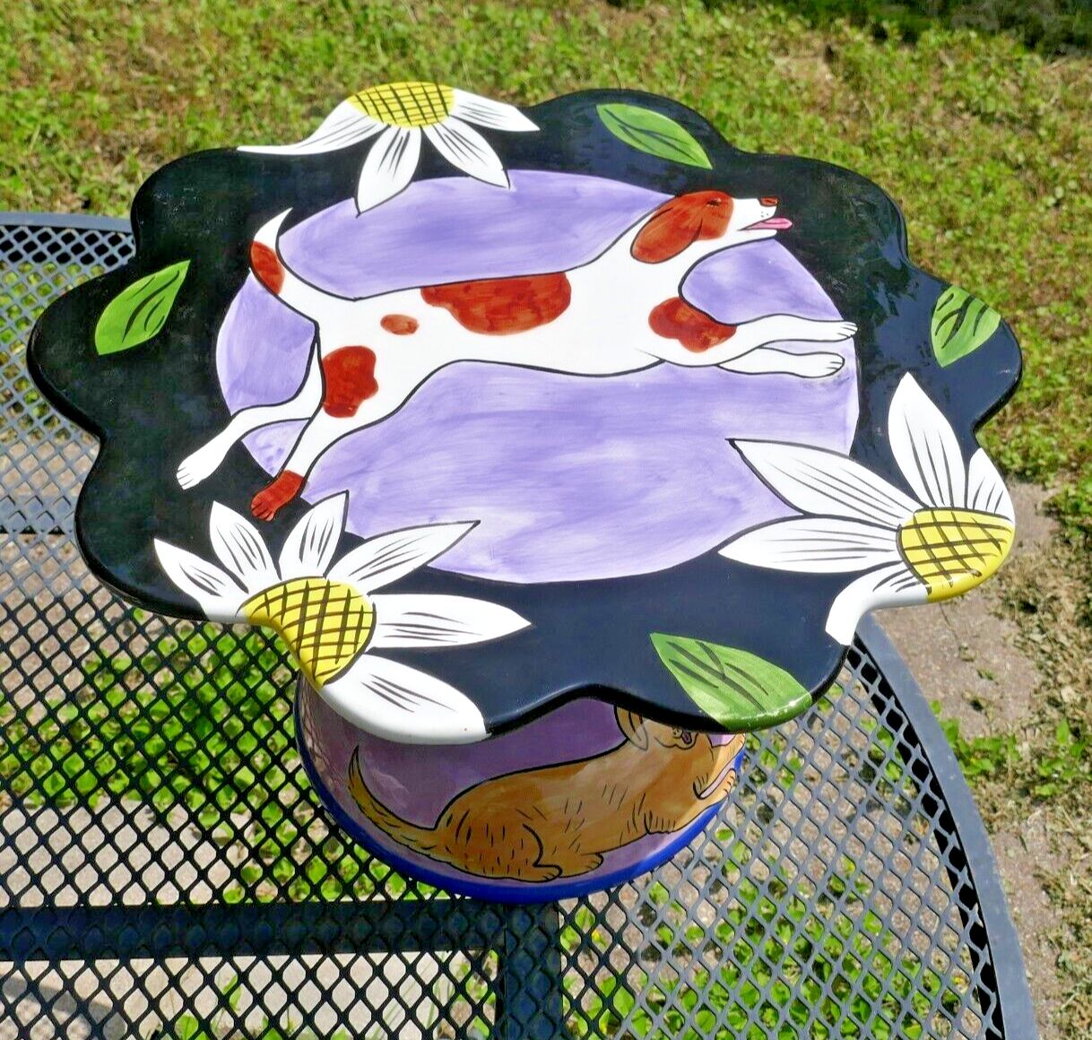 Ceramic Cake Stand Groovy Dog and Cat Chaleur K Gelff L Cheng 12 inch x 7.5 inch
