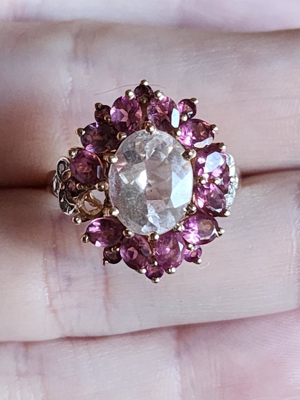 14k large gold pink and white saphire ring.