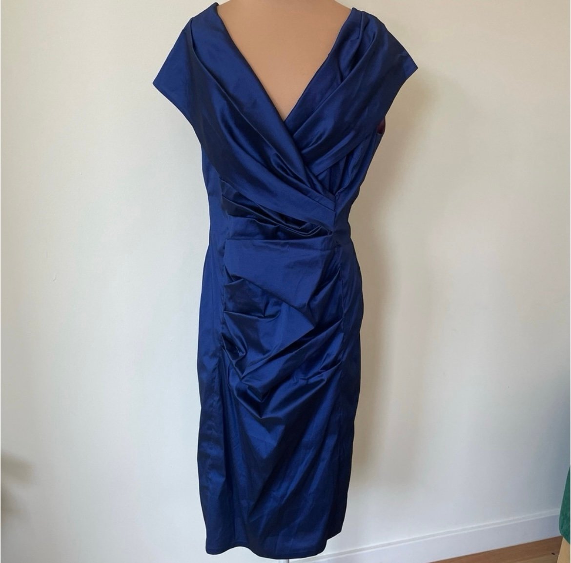 Talbot Runhof V-Neck Stretch Satin Saphir Blue Midi Length Cocktail Dress EUC 12
