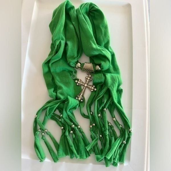 BIG SILVER CROSS GREEN TYE RAG BEADED BELT CLOTH SCARF