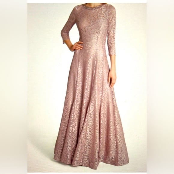 Tahari Champagne Pink Lace Maxi Dress MOTB Wedding Cocktail Formal 12