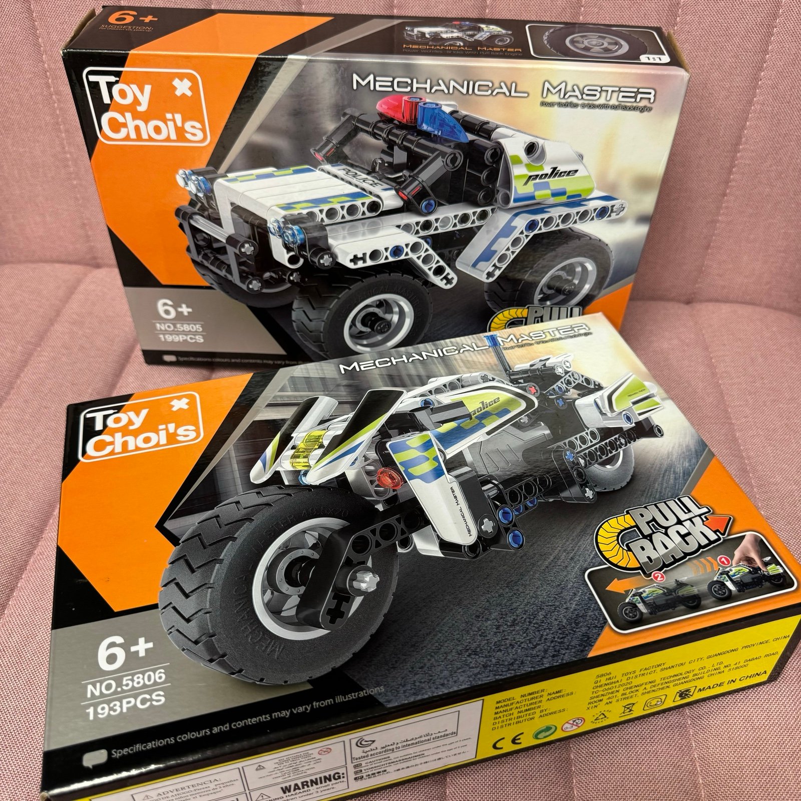 LEGO Technic, motorcycle, police car LEGO pieces. Automatic pull back car toy