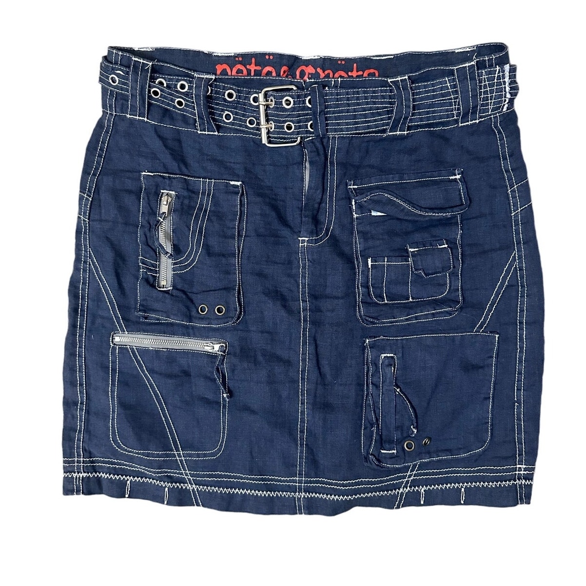 Pete & Greta 100% Blue Linen Belted Cargo Mini Skirt size 2