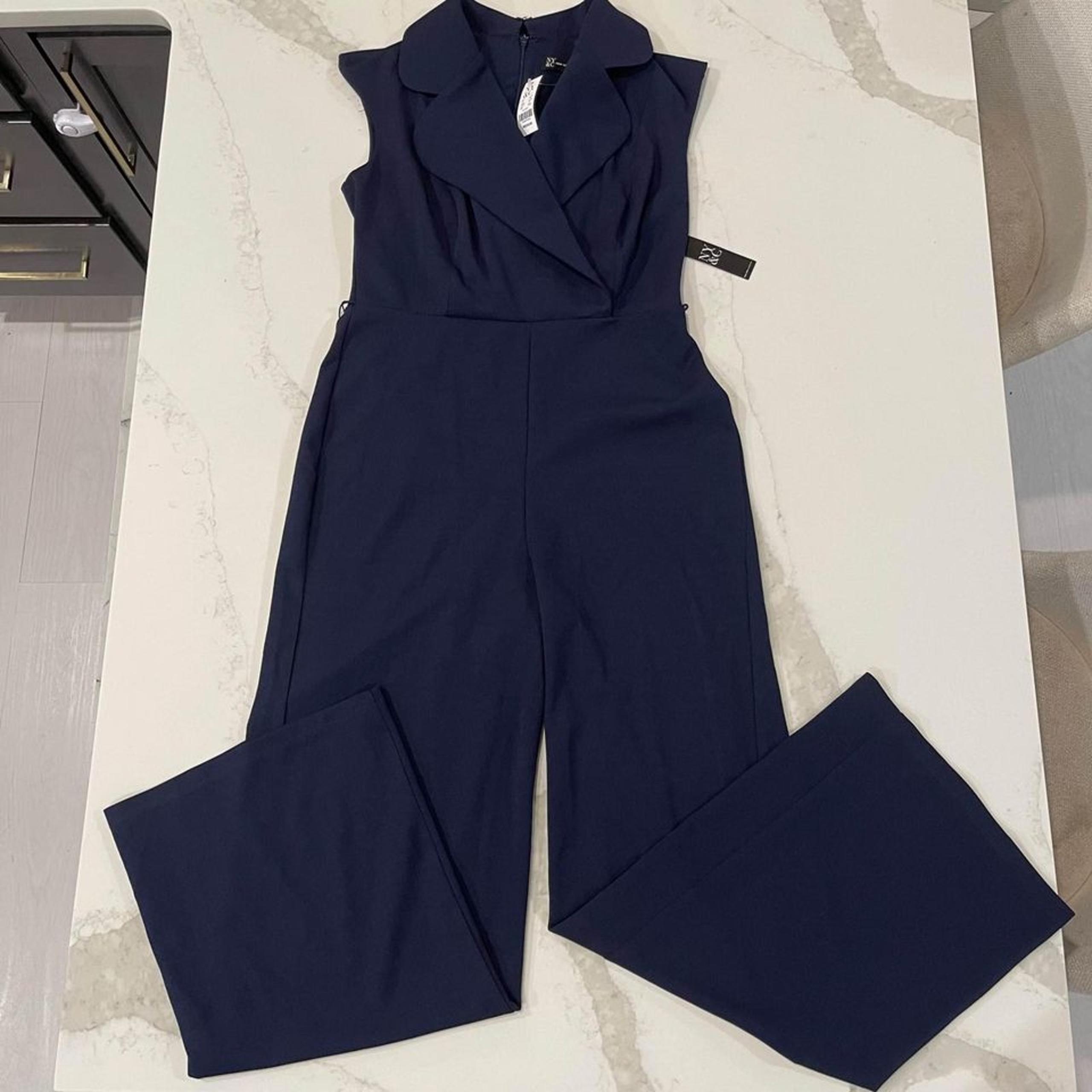 New York & Company NWT Collared Tie Detail Jumpsuit Blue Womens Med Straight Leg