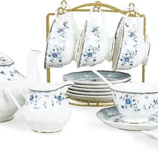 fanquare 15 Piece Blue Rose Porcelain Tea Set, British Floral ((Set Of 6))