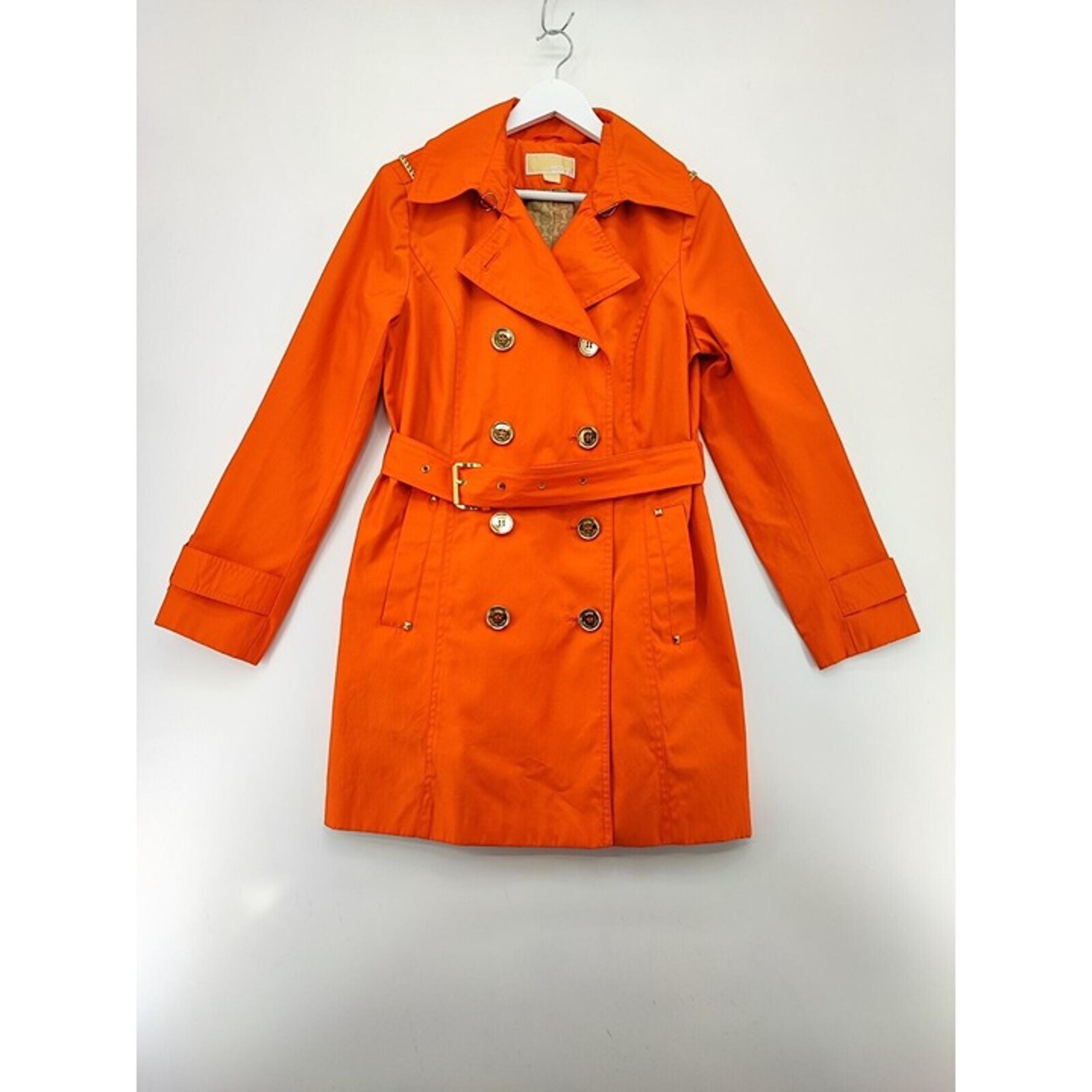 Michael Kors Women's Poppy Orange Belted Trench Coat Pocket Gold Buttons Size M